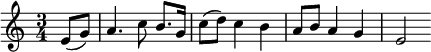 \relative f' { \time 3/4 \key c \major \partial 4 e8( g) a4. c8 b8. g16 c8( d) c4 b a8 b a4 g e2 }