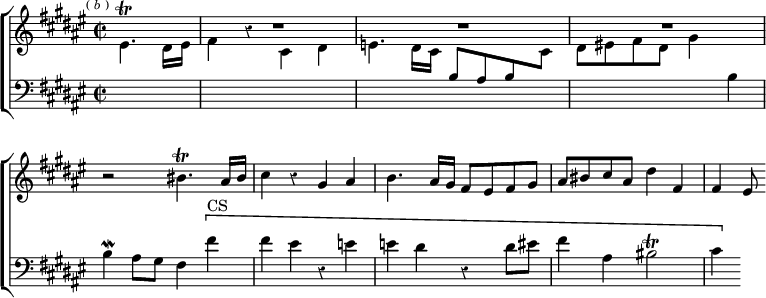 \new ChoirStaff << \override Score.BarNumber #'break-visibility = #'#(#f #f #f) \override Score.Rest #'style = #'classical
  \new Staff = "up" \relative b' { \key fis \major \time 2/2 \partial 2 \mark \markup \tiny { (\italic"b") } R2 R1*3
    r2 bis4.\trill ais16 bis | cis4 r gis ais |
    b4. ais16 gis fis8 eis fis gis |
    ais bis cis ais dis4 fis, | fis eis8 }
  \new Staff = "down" \relative e' { \clef bass \key fis \major
    \change Staff = "up" \stemDown eis4.\trill dis16 eis | fis4 r cis dis |
    e4. dis16 cis \change Staff = "down" \stemNeutral b8 ais b \change Staff = "up" cis |
    \stemDown dis eis! fis dis gis4 \change Staff = "down" \stemNeutral b, |
    b\mordent ais8 gis fis4 \[ fis'^"CS" |
    fis eis r e | e dis r dis8 eis | fis4 ais, bis2\trill | cis4 \] } >>