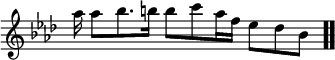 \relative c''' { \override Score.TimeSignature #'stencil = ##f \time 5/4 \key aes \major \autoBeamOff aes16 aes8[bes8. b16] b8[c aes16 f] ees8[des bes] \bar ".." }