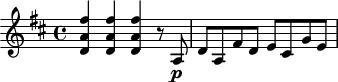 
\header {
 tagline = ##f
}

\score {
 \new Staff \with {

 }
<<
 \relative c'' {
 \key d \major
 \time 4/4
 \override TupletBracket #'bracket-visibility = ##f 
 \autoBeamOff

 %%%%%%%%%%%%%%%%%%%%%%%%%% K40
 \repeat unfold 3 { < fis a, d, >4 } r8 a,,8\p d[ a fis' d] e[ cis g' e]

 }
>>
 \layout {
 \context {
 \remove "Metronome_mark_engraver"
 }
 }
 \midi {}
}
