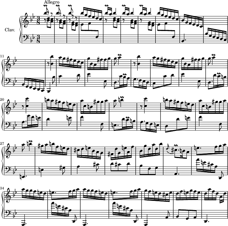 
\version "2.18.2"
\header {
  tagline = ##f
  % composer = "Domenico Scarlatti"
  % opus = "K. 442"
  % meter = "Allegro"
}

%% les petites notes
trillBesqUp     = { \tag #'print { bes'8\prall } \tag #'midi { c32 bes c bes } }
trillBesqqUp    = { \tag #'print { bes'16\prall } \tag #'midi { \times 2/3 { bes32 c bes } } }
trillBesqq      = { \tag #'print { bes16\prall } \tag #'midi { \times 2/3 { bes32 c bes } } }
trillA          = { \tag #'print { a4\prall } \tag #'midi { bes32 a bes a~ a8 } }
trillCqq        = { \tag #'print { c16\prall } \tag #'midi { \times 2/3 { c32 d c } } }
trillCisqp      = { \tag #'print { cis8.\prall } \tag #'midi { d32 cis d cis~ cis16 } }
trillB          = { \tag #'print { b4\prall } \tag #'midi { c32 b c b~ b8 } }
trillBLong      = { \tag #'print { b4\prall } \tag #'midi { c32 b c b~   \tempo 4. = 30 b8   \tempo 4. = 66 } }

upper = \relative c'' {
  \clef treble 
  \key bes \major
  \time 3/8
  \tempo 4. = 66
  \set Staff.midiInstrument = #"harpsichord"
  \override TupletBracket.bracket-visibility = ##f

      s8*0^\markup{Allegro}
      \stemUp \repeat unfold 3 { \trillBesqUp r8 r8 } bes16 g f ees d c | \repeat unfold 3 { \trillBesqqUp a16 bes4 } |
      % ms. 8
      bes16  g f ees d c | bes16  g f ees d c | \stemUp  \change Staff = "lower" bes16  g f ees d c | s4.  \stemNeutral  \change Staff = "upper" 
      % ms. 12
      \repeat unfold 2 { r8 < bes'' bes' >4 | a'16 g fis ees d c | g' bes, a fis' fis g | g8 \trillA }
      % ms. 20
      r8 < c, c' >4 | b'16 a gis f e d | a' c, b gis' gis a | 
      % ms. 23
      a8 \trillB | r8 < c, c' >4 | b'16 a gis f e d | a' c, b gis' gis a | a8 \trillBLong
      % ms. 28
      gis16 a b f e d | cis d e bes a g | fis d' g, e' a, f' | bes, g' d a' d, bes' | \appoggiatura d,16 \trillCisqp b16 a8 | 
      % ms. 33
      \repeat unfold 2 { e'8. f16 g a | a g g f e d } | e8. f16 g a | g f e d cis e | d f e g f e | d[ a' f d] a d |

}

lower = \relative c' {
  \clef bass
  \key bes \major
  \time 3/8
  \set Staff.midiInstrument = #"harpsichord"
  \override TupletBracket.bracket-visibility = ##f

    % ************************************** \appoggiatura a16  \repeat unfold 2 {  } \times 2/3 { }   \omit TupletNumber 
      \repeat unfold 2 { \stemDown \change Staff = "upper" r8 < bes' d >8 < a c > | r8 < g bes >8 < f a > | r8 < ees g >8 < d f > | ees8 f \stemNeutral \change Staff = "lower" f, } |
      % ms. 9
      bes,4. | s4. | bes16 g f ees d c |
      % ms. 12
      bes4 bes''8 | c4 d8 | ees4 ees,8 | d8. c'16 \trillBesqq a16 | g8. f16 ees d  | c8 c' d |
      % ms. 18
      ees4 ees,8 | d8. d'16 \trillCqq b16 | a8. g'16 f e | d4 e8 | f4 f,8 |
      % ms. 23
      e8. d'16 \trillCqq b16 | a8. g16 f e | d8 d' e | f4 f,8 | e,4. | e'4 gis8 |
      % ms. 29
      a4 cis8 | d8 cis d | bes f g | a,4. | \repeat unfold 2 { a''16[ e cis a] d,,8 | a4. } a'''16[ e cis a] d,,8 |
      % ms. 38
      a4 a'8 | bes g a | d,4.

}

thePianoStaff = \new PianoStaff <<
    \set PianoStaff.instrumentName = #"Clav."
    \new Staff = "upper" \upper
    \new Staff = "lower" \lower
  >>

\score {
  \keepWithTag #'print \thePianoStaff
  \layout {
      #(layout-set-staff-size 17)
    \context {
      \Score
     \override SpacingSpanner.common-shortest-duration = #(ly:make-moment 1/2)
      \remove "Metronome_mark_engraver"
    }
  }
}

\score {
  \keepWithTag #'midi \thePianoStaff
  \midi { }
}
