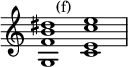 { \override Score.TimeSignature #'stencil = ##f \time 2/1 \relative g { <g f' b dis>1^\markup { \halign #-3 (f) } <c e c' e> } }