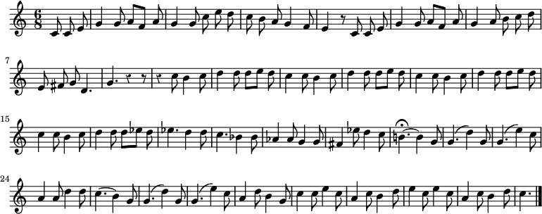 
\relative c' {
  \key c \major
  \time 6/8
  \partial 4.
  \autoBeamOff
  \override Rest #'style = #'classical
  c8 c e
  g4 g8 a[ f] a
  g4 g8 c e d
  c b a g4 f8
  e4 r8 c c e
  g4 g8 a[ f] a
  g4 a8 b c d

  % tourne

  e, fis g d4.
  g r4 r8
  r4 c8 b4 c8
  d4 d8 d[ e] d
  c4 c8 b4 c8
  d4 d8 d[ e] d
  c4 c8 b4 c8
  d4 d8 d[ e] d

  c4 c8 b4 c8
  d4 d8 d[ es] d
  es4. d4 d8
  c4. bes4 bes8
  as4 as8 g4 g8
  fis4 es'8 d4 c8
  b!4.\fermata~ b4 g8
  g4.( d'4) g,8
  g4.( e'4) c8

  a4 a8 d4 d8
  c4.( b4) g8
  g4.( d'4) g,8
  g4.( e'4) c8
  a4 d8 b4 g8
  c4 c8 e4 c8
  a4 c8 b4 d8
  e4 c8 e4 c8
  a4 c8 b4 d8
  c4.
  \bar "|."
}
