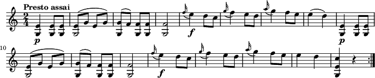 
\relative c'' { 
    \version "2.18.2"
    \clef "treble" 
    \tempo "Presto assai" 
    \key c \major
    \time 2/4
   <g, e'>4  \p <g e'>8 <g e'>
   <<{e'8^(g e g)} {g,2}>>
   <g g'>8 ^(f')  <g, f'> <g f'>
   <g f'>2
   \grace f''16 (e4)  \f d8 c
   \grace g'16 (f4) e8 d
   \grace a'16 (g4) f8 e
   e4 (d)
   <g,, e'>4  \p <g e'>8 <g e'>
   <<{e'8^(g e g)} {g,2}>>
   <g g'>8 ^ (f')  <g, f'> <g f'>
   <g f'>2
   \grace f''16 (e4)  \f d8 c
   \grace g'16 (f4) e8 d
   \grace a'16 (g4) f8 e
   e4 d
   <g,, e' c'>4 r4 \bar ":|."
     }
