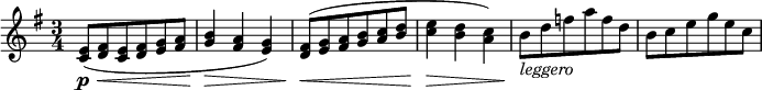 \relative c' {
\time 3/4
\key g \major

<c e>8(\p\< <d fis> <c e> <d fis> <e g> <fis a> | <g b>4\> <fis a> <e g>) | <d fis>8(\< <e g> <fis a> <g b> <a c> <b d> | <c e>4\> <b d> <a c>) |
b8\!-\markup{\italic "leggero"} d f a f d | b c e g e c | 
}