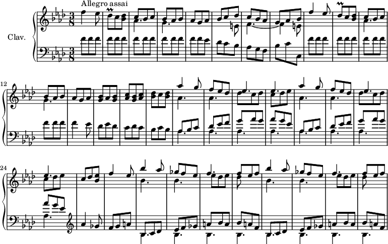 
\version "2.18.2"
\header {
  tagline = ##f
}

%% les petites notes
trillDesq = { \tag #'print { des8\prall } \tag #'midi { ees32 des ees des } }

upper = \relative c'' {
  \clef treble 
  \key f \minor
  \time 3/8
  \tempo 4. = 86
  \set Staff.midiInstrument = #"harpsichord"
  \override TupletBracket.bracket-visibility = ##f

     s8*0^\markup{Allegro assai}
     f4 ees8 | \trillDesq c < bes des > | << { c8 bes c | bes aes bes | aes g aes | bes c des | c bes aes | g aes bes | f'4 ees8 | \trillDesq c < bes des > | } \\ { aes4. | g | s4. | s4 e8 | f4.~ f4 e8 } >> |
     % ms. 11
     << { c'8 bes c | bes aes bes | aes g aes } \\ { aes4. | g } >> | < g bes >8 aes < g bes > | < aes c > < g bes > < aes c > |
     % ms. 16
     < bes des >8 c < bes des > | << { \repeat unfold 2 { aes'4 g8 | f ees des | ees4. | ees } | c8 des < bes ees > | f'4 ees8 } \\ { \repeat unfold 2 { aes,4. | aes | des8 c des | c des ees } | } >>
     % m. 27
     \repeat unfold 2 { << { bes'4 aes8 | ges8 f ees | f4. | f8 ees f } \\ { bes,4. | bes | ees8 des ees | des } >> } |
     % ms. 35
     

}

lower = \relative c' {
  \clef bass
  \key f \minor
  \time 3/8
  \set Staff.midiInstrument = #"harpsichord"
  \override TupletBracket.bracket-visibility = ##f

    % **************************************
      \repeat unfold 14 { f8 } ees8 | des c bes | aes g f |
      % ms. 8
      bes c c, | \repeat unfold 12 { f'8 } | f4 ees8 | des ees des | c des c |
      % ms. 16
      bes8 c bes | \repeat unfold 2 { << { aes bes c | des ees f | g aes g | aes g ees } \\ { \mergeDifferentlyDottedOn \repeat unfold 4 { aes,4. } } >> } |   \clef treble 
      % ms. 25
      aes'4 ges8 | f g a | \repeat unfold 2 { << { bes,8 c des  | ees f ges | a bes a | bes a f } \\ { \repeat unfold 4 { bes,4. } } >> }

}

thePianoStaff = \new PianoStaff <<
    \set PianoStaff.instrumentName = #"Clav."
    \new Staff = "upper" \upper
    \new Staff = "lower" \lower
  >>

\score {
  \keepWithTag #'print \thePianoStaff
  \layout {
      #(layout-set-staff-size 17)
    \context {
      \Score
     \override SpacingSpanner.common-shortest-duration = #(ly:make-moment 1/2)
      \remove "Metronome_mark_engraver"
    }
  }
}

\score {
  \keepWithTag #'midi \thePianoStaff
  \midi { }
}
