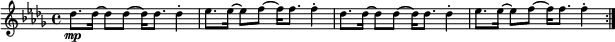 
\new Staff \with { midiInstrument = "pad 3" \magnifyStaff #5/7 }
\transpose a bes {
 \relative a' {
 \clef treble
 \set Score.tempoHideNote = ##t
 \key a \minor
 \time 4/4
 \tempo 4 = 120
 \repeat volta 2
 { c8.\mp c16 ~ c8 c ~ c16 c8. c4-. d8. d16 ~ d8 e ~ e16 e8. e4-. c8. c16 ~ c8 c ~ c16 c8. c4-. d8. d16 ~ d8 e ~ e16 e8. e4-. }
 }
}
\layout {
 \context {
 \Score
 \override SpacingSpanner.base-shortest-duration = #(ly:make-moment 1/16)
 }
 }
