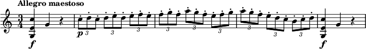 \relative c'' {  \version "2.18.2"  \tempo "Allegro maestoso"  \time 3/4  <c e, g,>4\f g r |  \times 2/3 { c8-.\p d-. c-. } \times 2/3 { d-. e-. d-. } \times 2/3 { e-. f-. e-. } |  \times 2/3 { f8-. g-. f-. } \times 2/3 { a-. g-. f-. } \times 2/3 { e-. f-. g-. } |  \times 2/3 { a8-. g-. f-. } \times 2/3 { e-. d-. c-. } \times 2/3 { b-. c-. d-. } |  <c e, g,>4\f g r |}