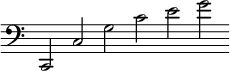 { \override Score.TimeSignature #'stencil = ##f \clef bass \cadenzaOn c,2 c g c' e' g'}