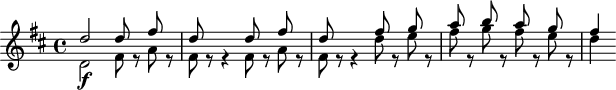 
\header {
 tagline = ##f
}

\score {
 \new Staff \with {

 }
<<
 \relative c'' {
 \key d \major
 \time 4/4
 \override TupletBracket #'bracket-visibility = ##f 
 \autoBeamOff

 %%%%%%%%%%% K 73n/95 - remonter les silences
 << { d2 d8 s8 fis8 s8 d8 s8 s4 d8 s8 fis8 s8 d8 s8 s4 fis8 s8 g8 s8 a8 s8 b8 s8 a8 s8 g8 s8 fis4 } \\ { d,2\f fis8 r8 a8 r8 fis8 r8 r4 fis8 r8 a8 r8 fis8 r8 r4 d'8 r8 e8 r8 fis8 r8 g8 r8 fis8 r8 e8 r8 d4 } >>

 }
>>
 \layout {
 \context {
 \remove "Metronome_mark_engraver"
 }
 }
 \midi {}
}
