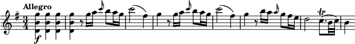 
\relative c''' {
  \version "2.18.2"
  \tempo "Allegro"
  \key g \major
  \time 3/4
  <g b, d,>4\f q q |
  q4 r8 g16 a \grace c16 b8 a16 g |
  c2( fis,4) |
  g4 r8 g16 a \grace c b8 a16 g |
  c2( fis,4) |
  g4 r8 b16 a \grace a g8 fis16 e |
  d2 c8.(\trill b32 c) |
  b4
}
