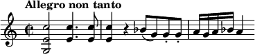 
\relative c'' { \key c \major \time 2/2 \tempo "Allegro non tanto" <ce, g,>2 <ce,>4.  <ce,>8 |  <ce,>4 r bes8(g) g-.  g-.  |  a16 ga być a4 }
