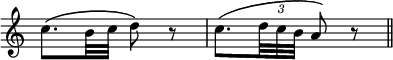 { \override Score.TimeSignature #'stencil = ##f \override TupletBracket #'direction = #UP \override TupletBracket.bracket-visibility = ##f \time 2/4 \relative c'' { c8.\( b32 c d8\) r | c8.\( \times 2/3 { d32 c b } a8\) r \bar "||" } }