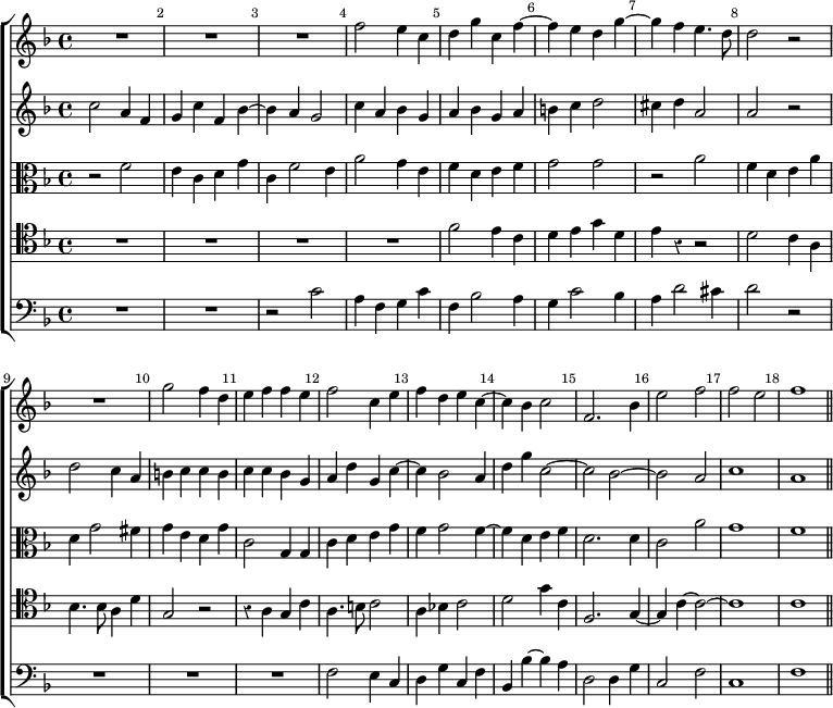 \new ChoirStaff << \override Score.Rest #'style = #'classical \override Score.BarNumber.break-visibility = ##(#f #t #t) \set Score.barNumberVisibility = #all-bar-numbers-visible
  \new Staff \relative f'' { \key f \major \time 4/4 \bar ""
    R1*3 f2 e4 c | d g c, f ~ | f e d g ~ | g f e4. d8 |
    d2 r R1 | g2 f4 d | e f f e | f2 c4 e | f d e c ~ |
    c bes c2 | f,2. bes4 | e2 f | f e | f1 \bar "||" }
  \new Staff \relative c'' { \key f \major
    c2 a4 f | g c f, bes ~ | bes a g2 | c4 a bes g | a bes g a |
    b c d2 | cis4 d a2 | a r | d2 c4 a | b c c b | c c bes g |
    a d g, c ~ | c bes2 a4 | d g c,2 ~ | c bes ~ | bes a c1 a }
  \new Staff \relative f' { \clef alto \key f \major
    r2 f | e4 c d g | c, f2 e4 | a2 g4 e | f d e f | g2 g |
    r a | f4 d e a | d, g2 fis4 | g e d g | c,2 g4 g |
    c d e g | f g2 f4 ~ | f d e f | d2. d4 c2 a' g1 f }
  \new Staff \relative f' { \clef tenor \key f \major
    R1*4 f2 e4 c | d e g d | e r r2 | d2 c4 a | bes4. bes8 a4 d |
    g,2 r | r4 a g c | a4. b8 c2 | a4 bes! c2 | d g4 c, |
    f,2. g4 ~ | g c ~ c2 ~ | c1 | c }
  \new Staff \relative c' { \clef bass \key f \major
    R1*2 r2 c | a4 f g c | f, bes2 a4 | g c2 bes4 | a d2 cis4 | d2 r |
    R1*3 | f,2 e4 c | d g c, f | bes, bes' ~ bes a |
    d,2 d4 g | c,2 f | c1 | f } >>