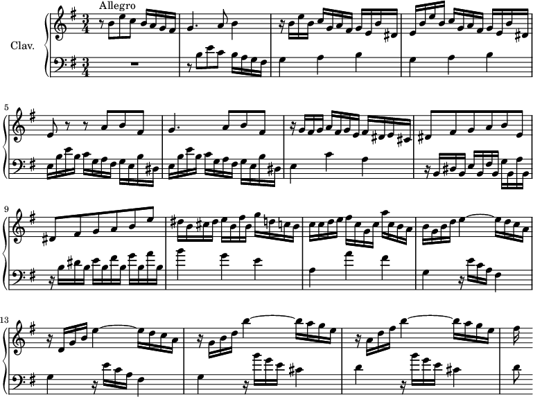 
\version "2.18.2"
\header {
 tagline = ##f
 % composer = "Domenico Scarlatti"
 % opus = "K. 198"
 % meter = "Allegro"
}

%% les petites notes
%trillBesp = { \tag #'print { bes4.\prall } \tag #'midi { c32 bes c bes~ bes4 } }

upper = \relative c'' {
 \clef treble 
 \key e \minor
 \time 3/4
 \tempo 4 = 92
 \set Staff.midiInstrument = #"harpsichord"
 \override TupletBracket.bracket-visibility = ##f

 s8*0^\markup{Allegro}
 r8 b8 e c b16 a g fis | g4. a8 b4 | r16 b e b c g a fis g e b' dis, |
 % ms. 4
 e16 b' e b c g a fis g e b' dis, | e8 r8 r8 a8 b fis | g4. a8 b fis |
 % ms. 7
 r16 g16 fis g a fis g e fis dis e cis | dis8 fis g a b e, | dis fis g a b e |
 % ms. 10
 dis16 b cis dis e b fis' b, g' d c b | c c d e fis c g c a' c, b a | b g b d e4~ e16 d c a |
 % ms. 13
 r16 d,16 g b e4~ e16 d c a | r16 g16 b d b'4~ b16 a g e | r16 a,16 d fis b4~ b16 a g e | fis s16
 % ms. 17
 

}

lower = \relative c' {
 \clef bass
 \key e \minor
 \time 3/4
 \set Staff.midiInstrument = #"harpsichord"
 \override TupletBracket.bracket-visibility = ##f

 % ************************************** \appoggiatura a16 \repeat unfold 2 { } \times 2/3 { } \omit TupletNumber 
 R2. | r8 b8 e c b16 a g fis | \repeat unfold 2 { g4 a b } |
 % ms. 5
 \repeat unfold 2 { e,16 b' e b c g a fis g e b' dis, }
 % ms. 7
 e4 c' a | r16 b,16 dis b e b fis' b, g' b, a' b, | r16 b'16 dis b e b fis' b, g' b, a' b,
 % ms. 10
 b'4 g e | a, a' fis | \repeat unfold 2 { g, r16 e'16 c a fis4 } |
 % ms. 14
 g4 r16 b'16 g e cis4 | d r16 b'16 g e cis4 | d8
 % ms. 17
 

}

thePianoStaff = \new PianoStaff <<
 \set PianoStaff.instrumentName = #"Clav."
 \new Staff = "upper" \upper
 \new Staff = "lower" \lower
 >>

\score {
 \keepWithTag #'print \thePianoStaff
 \layout {
 #(layout-set-staff-size 17)
 \context {
 \Score
 \override SpacingSpanner.common-shortest-duration = #(ly:make-moment 1/2)
 \remove "Metronome_mark_engraver"
 }
 }
}

\score {
 \keepWithTag #'midi \thePianoStaff
 \midi { }
}
