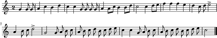 
\relative c'' {
  \override Staff.TimeSignature #'style = #'single-digit
  \time 2/2
  \autoBeamOff
  \partial 2
  g4 g8 g
  a4 c b d
  c c g8 g g g
  a4 a8[ c] b4 b8[ d]
  c2 c4 d8[ e]
  f4 f f e
  d c8 d e2->

  a,4 b8 c d2->
  g, g8 a b c
  a b c d b c d e
  c4 c g8 a b c
  a b c d b c d e
  c2
  \bar "|."
}
