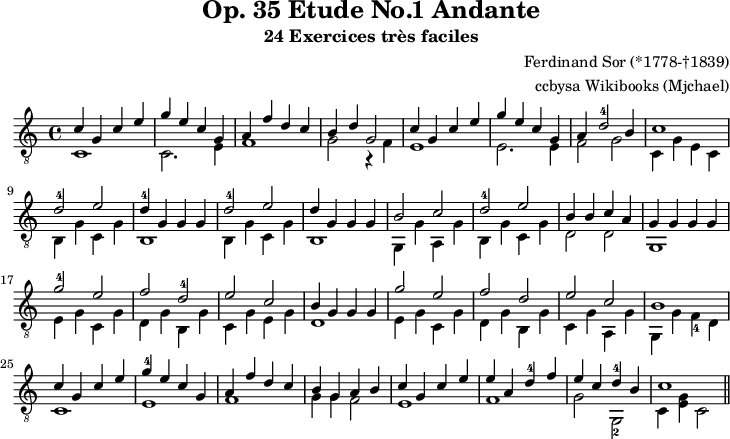 
\version "2.16.1"
\header {
  title = "Op. 35 Etude No.1 Andante"
  subtitle = "24 Exercices très faciles"
    composer = "Ferdinand Sor (*1778-†1839)"
  % opus = "Op.35"
  % source = "using different sources"
  arranger = "ccbysa Wikibooks (Mjchael)"
  copyright = "ccbysa de.wikibooks.org/wiki/gitarre"
}

Diskant = \relative c' {
  \voiceOne
  \slurDown
  \tempo "Andante"
  c4 g c e | g e c g | a f' d c | b d g,2 |
  c4 g c e | g e c g | a d2-4 b4 | c1 |
  \break
  d2-4 e | d4-4 g, g g | d'2-4 e | d4 g, g g |
  b2 c | d2-4 e | b4 b c a | g4 g g g |
  \break
  g'2-4 e | f2 d-4 | e2 c | b4 g g g |
  g'2 e | f d | e c | b1 |
  \break
  c4 g c e | g-4 e c g | a f' d c | b g a b |
  c g c e | e a, d-4 f | e c d-4 b | c1
  \bar "||"
}

Bass = \relative c {
  \voiceTwo
  c1 | c2. e4 | f1 | g2 r4 f4 |
  e1 | e2. e4 | f2 g | c,4 g' e c |
  b g' c, g' | b,1 | b4 g' c, g' | b,1 |
  g4 g' a, g' | b,4 g' c, g' | d2 d | g,1 |
  e'4 g c, g' | d g b, g' | c, g' e g | d1 |
  e4 g c, g' | d g b, g' | 
  c, g' a, g' | g, g' f-4 d |
  c1 | e | f | g4 g f2 |
  e1 | f1 | g2 g,-2 | c4 <e g>4 c2
}

Gitarre = << \Diskant \\ \Bass >>
       
\score {
  <<
    \new Voice  { 
      \clef "treble_8" \time 4/4  
      \key c \major \tempo 4 = 120
      \set Score.tempoHideNote = ##t
      \Gitarre 
    }
  >>
  \layout { }
}
\score {
  <<
    \new Voice  { 
      \clef "treble_8" \time 4/4  
      \key c \major \tempo 4 = 120 
      \set Staff.midiInstrument = "acoustic guitar (nylon)"
      \unfoldRepeats \Gitarre 
    }
  >>
  \midi { }
}

\paper {
  indent=0\mm
  line-width=180\mm
  oddFooterMarkup=##f
  oddHeaderMarkup=##f
  % bookTitleMarkup=##f
  scoreTitleMarkup=##f
}
