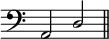 
\language "italiano"
\relative do {
\clef bass
\key do \major
\override Staff.TimeSignature #'stencil = ##f
\cadenzaOn
la2 \stemUp re \bar "||"
}
\header { tagline = ##f}
\paper {
  indent = 0
  line-width = #120
}
\layout {
   #(layout-set-staff-size 15)
}
