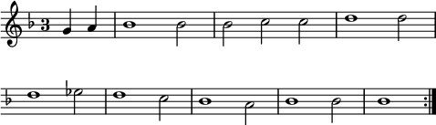 
\language "italiano"
\score {
  \relative do'' {
    \override Staff.TimeSignature.style = #'single-digit
    \time 3/2
    \key fa \major
    \partial 2 sol4 la | sib1 sib2 | sib do do | re1 re2 | \break
    \override Score.Clef.break-visibility = ##(#f #f #f)
    re1 mib2 | re1 do2 | sib1 \stemDown la2 | sib1 sib2 | sib1 \bar ":|."
 }
  \layout {
    \context { \Staff 
               \RemoveEmptyStaves 
             }
    indent = 0\cm
    line-width = #120
    \override Score.BarNumber #'stencil = ##f
  }
  \midi { }
}
\header { tagline = ##f}
