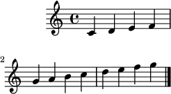 
\paper { #(set-paper-size "a4") }
\header { tagline = ##f }
\version "2.18.2"
\score {
\midi { }
\layout { line-width = #60
}
\new Staff { \time 4/4 \relative c { c'4 d e f | g a b c | d e f g \bar "|." } } }