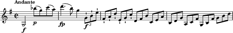 
\relative c'' {
  \version "2.18.2"
  \key g \major
  \time 2/2
  \tempo "Andante"
  \tempo 4 = 70
  g,2 \f bes''8\p (g) c (a)
  d4. \fp (b8) g4 \tuplet 3/2 { g,8-!\f b-! e-! } \scaleDurations 2/3 { fis,8-!  } 
  \scaleDurations 2/3 {e,-! } \scaleDurations 2/3 {d, } \scaleDurations 2/3 {c, }
  \scaleDurations 2/3 {b, } \scaleDurations 2/3 {a, } \scaleDurations 2/3 {g, } \scaleDurations 2/3 {g } 
}
