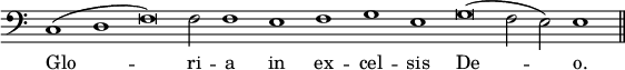 { \override Score.TimeSignature #'stencil = ##f \clef bass << \relative c { \cadenzaOn c1( d f\breve) f2 f1 e f g e g\breve( f2 e) e1 \bar "||" } \addlyrics { Glo -- ri -- a in ex -- cel -- sis De -- o. } >> }