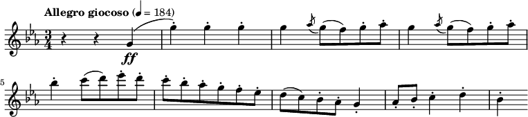 
{ \tempo "Allegro giocoso" 4 = 184 \clef treble \key c \minor \time 3/4 r4 r g'\ff( g'')-.  g''-.  g''-.  g'' \acciaccatura aes''8 g''( f'') g''-.  aes''-.  g''4 \acciaccatura aes''8 g''( f'') g''-.  aes''-.  \break bes''4-.  c'''8( d''') es'''-.  ré'''-.  c'''-.  bes''-.  aes''-.  g''-.  F''-.  es''-.  d''( c'') bes'-.  aes'-.  g'4-.  aes'8-.  bes'-.  c''4-.  ré''-.  bes'-.  }
