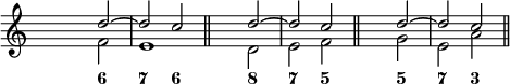 
 \new Staff
<<
\override Staff.TimeSignature.transparent = ##t
\set Score.tempoHideNote = ##t
 \time 2/2
 \tempo 4 = 160
 <<
 \new Voice = "first"
 \relative c''
 { \voiceOne s2 d ~ d c \bar "||" s d ~ d c \bar "||" s d ~ d c \bar "||" 
 }
 \new Voice = "second"
 \relative c'
 { \voiceTwo s2 f e1 \bar "||" s2 d e f \bar "||" s2 g e a \bar "||"
 }
 >>
 \new FiguredBass {
 \figuremode { <_> <6> <7> <6> <_> <8> <7> <5> <_> <5> <7> <3>
 }
 }
>>
