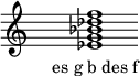 
\relative c'{
\override Staff.TimeSignature #'stencil = ##f
\cadenzaOn s1 <es g bes des f> s1 \cadenzaOff
}
\addlyrics { \small { es_g_b_des_f } } 
