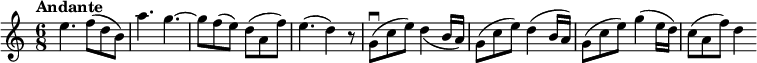 \new Staff \with {midiInstrument = #"violin"} {  \relative c'' {  \key c \major  \numericTimeSignature  \time 6/8  \tempo "Andante"  e4. f8( d b)  a'4. g~  g8 f( e) d( a f')  e4.( d4) r8  g,\downbow( c e) d4_( b16 a)  g8( c e) d4( b16 a)  g8( c e) g4( e16 d)  c8( a f') d4  }}  \midi {    \context {      \Score      tempoWholesPerMinute = #(ly:make-moment 80 8)    }  }