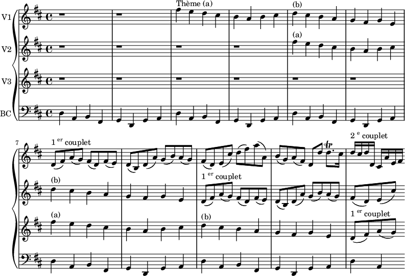 
\version "2.12.0"

\new GrandStaff
<<
  \new Staff \with {
    instrumentName = "V1"
    midiInstrument = "violin"
  } \relative c'' {
    \key d \major
    \time 4/4
    r1 r
    fis4^\markup {"Thème (a)"} e d cis
    b a b cis
    d^\markup {"(b)"} cis b a
    g fis g e
    d8(^\markup {"1" \super "er" "couplet"} fis) a( g) fis( d) fis( e)
    d( b) d( a') g( b) a( g)
    fis( d) e( cis') d( fis) a( a,)
    b( g) a( fis) d d' d8.\trill cis16
    d^\markup {"2" \super "e" "couplet"} cis d d, cis a' e fis
  }
  \new Staff \with {
    instrumentName = "V2"
    midiInstrument = "violin"
  } \relative c'' {
    \key d \major
    \time 4/4
    r1 r r r
    fis4^\markup {"(a)"} e d cis
    b a b cis
    d^\markup {"(b)"} cis b a
    g fis g e
    d8(^\markup {"1" \super "er" "couplet"} fis) a( g) fis( d) fis( e)
    d( b) d( a') g( b) a( g)
    fis( d) e( cis')
  }
  \new Staff \with {
    instrumentName = "V3"
    midiInstrument = "violin"
  } \relative c'' {
    \key d \major
    \time 4/4
    r1 r r r r r
    fis4^\markup {"(a)"} e d cis
    b a b cis
    d^\markup {"(b)"} cis b a
    g fis g e
    d8(^\markup {"1" \super "er" "couplet"} fis) a( g)
  }
  \new Staff \with {
    instrumentName = "BC"
    midiInstrument = "cello"
  } \relative c {
    \clef bass
    \key d \major
    \time 4/4
    d4 a b fis
    g d g a
    d4 a b fis
    g d g a
    d4 a b fis
    g d g a
    d4 a b fis
    g d g a
    d4 a b fis
    g d g a
    d4 a
  }
>>
\midi {
  \context {
    \Score
    tempoWholesPerMinute = #(ly:make-moment 56 4)
  }
}

