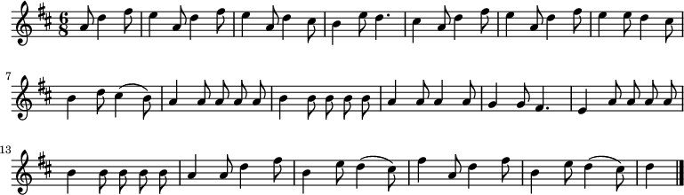 
\relative c'' {
  \key d \major
  \time 6/8
  \partial 2
  \autoBeamOff
  a8 d4 fis8
  e4 a,8 d4 fis8
  e4 a,8 d4 cis8
  b4 e8 d4.
  cis4 a8 d4 fis8
  e4 a,8 d4 fis8
  e4 e8 d4 cis8

  b4 d8 cis4( b8)
  a4 a8 a a a
  b4 b8 b b b
  a4 a8 a4 a8
  g4 g8 fis4.
  e4 a8 a a a
  b4 b8 b b b

  % tourne

  a4 a8 d4 fis8
  b,4 e8 d4( cis8)
  fis4 a,8 d4 fis8
  b,4 e8 d4( cis8)
  d4
  \bar "|."
}
