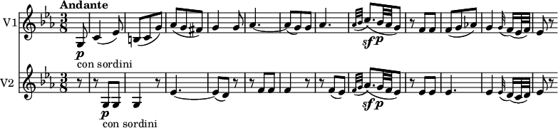 
<<
  \new Staff \with { instrumentName = #"V1"}  \relative c' {
         \clef "treble" 
         \tempo "Andante"
         \key ees \major
         \time 3/8
          \tempo 4 = 50
    \partial 8 g8 \p _ \markup{con sordini} c4 (ees8)
    b (c g')
    aes (g fis)
    g4 g8
    aes4. ~ aes8 (g) g
    aes4.
    \grace {aes32 (bes} c8.)\sf (bes32\p aes g8)
    r8 f f
    f (g aes!)
    g4  \grace g32 (f16) (ees32 f) 
    ees8 r
}
 \new Staff \with { instrumentName = #"V2 "} \relative c' {      
         \clef  "treble"  
         \key ees \major
         \time 3/8  
         \partial 8 r8 r g\p  _ \markup{con sordini} g g4 r8
         ees'4.  ~ ees8 (d) r r f f f4 r8 r f (ees)
          \grace {f32 (g} aes8.)\sf (g32\p f ees8)
         r8 ees ees
         ees4.
        ees4 \grace ees32 (d16) (c32 d) 
        ees8 r
         
} 
>>
