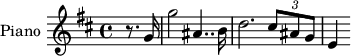 \new Staff \with { instrumentName = #"Piano "} \relative c'' {\key b \minor \time 4/4 \partial 4 r8. g16g'2 ais,4.. b16d2. \tuplet 3/2 {cis8 ais g} e4}