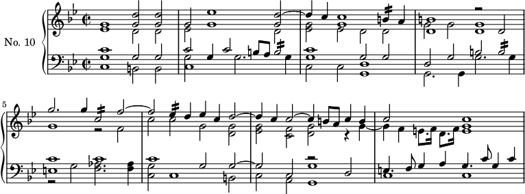 
\version "2.18.2"
\header {
 tagline = ##f
}

Mordbblanche = { \tag #'print { b2:16 } \tag #'midi { b16 a b4. } } 
Mordbnoire = { \tag #'print { b4:16 } \tag #'midi { b32 a b8. } }
Mordcblanche = { \tag #'print { c,2:16 } \tag #'midi { c16 bes c4. } }
Mordenoire = { \tag #'print { ees4:16 } \tag #'midi { ees32 d ees8. } }
Mordecrochept = { \tag #'print { e8. } \tag #'midi { e32 d e8 } }

upper = \relative c'' {
 \clef treble 
 \key bes \major
 \time 4/2
 \set Staff.timeSignatureFraction = 2/2
 \autoBeamOff
 \tempo 2 = 55
 \set Staff.midiInstrument = #"harpsichord"

 << { g1 << d'2 g, >> << d'2 g, >> } \\ { ees1 d2 d } >>
 << { g2 ees'1 << d2~ g, >> } \\ { ees2 g1 d2 } >>
 << { d'4 c << c1 g1 >> \Mordbnoire a4 } \\ { << g2 ees2 >> ees2 d2 d } >>
 << { << b'1 d,1 >> r2 d2 } \\ { g2 g2 << g1 d1 >> } >>
 << { g'2. g4 \Mordcblanche f2~ } \\ { g,1 r2 f } >>
 << { f'2 \Mordenoire d4 ees c d2~ } \\ { c2 c g << g d >> } >>
 << { d'4 c c2~ c4 b8 a c4 b } \\ { << g2 ees2 >> << f2 c >> << g' d >> r4 g4~ } >>
 << { c2 s2 << c1 g1 >> } \\ { g4 f \Mordecrochept f16 d8. f16 e1 } >>
}

lower = \relative c {
 \clef bass
 \key bes \major
 \time 4/2
 \set Staff.timeSignatureFraction = 2/2
 \set Staff.midiInstrument = #"harpsichord"

 << { << c'1 g >> g2 g } \\ { c,1 b2 b } >> 
 << { c'2 g4 c2 b8 a \Mordbblanche } \\ { << g2 c,1 >> g'2. g4 } >> 
 << { << c1 g >> g2 g } \\ { c,2 c << d1 g, >> } >> 
 << { d'2 g b \Mordbblanche } \\ { g,2. g4 g'2. g4 } >>
 << { c1 c } \\ { r2 g << aes2. f2. >> << aes4 f4 >> } \\ { e1 } >>
 << { c'1 g2 g~ } \\ { << g2 c, >> c1 b2 } >> 
 << { g'2 c, g'1 } \\ { c,2 a g1 } \\ { s1 r2 d'2 } >> 
 << { e4. f8 g4 a g4. c8 g4 c4 } \\ { c,1 c1 } >>

}

thePianoStaff = \new PianoStaff <<
 \set PianoStaff.instrumentName = #"No. 10"
 \new Staff = "upper" \upper
 \new Staff = "lower" \lower
>>

\score {
 \keepWithTag #'print \thePianoStaff
 \layout {
 \context {
 \Score
 \remove "Metronome_mark_engraver"
 }
 }
}

\score {
 \keepWithTag #'midi \thePianoStaff
 \midi { }
}
