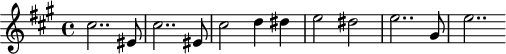 \n\\header {\n  tagline = ##f\n}\n\n\\score {\n  \\new Staff \\with {\n\n  }\n<<\n  \\relative c'' {\n    \\clef treble\n    \\key a \\major\n    \\time 4/4\n    \\tempo 4 = 70\n    %\\autoBeamOff\n    \\set Staff.midiInstrument = #"string ensemble 1"\n\n     %%%%%%%%%%%%%%%%%%%%%%%%%% AB 9-1 th2\n     \\repeat unfold 2 { cis2.. eis,8 }  cis'2 d4 dis e2 dis e2.. gis,8 e'2..\n\n  }\n>>\n  \\layout {\n    \\context { \\Score \\remove "Metronome_mark_engraver"\n    }\n  }\n  \\midi {}\n}\n