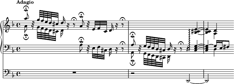 
<p>\new Score <<
</p>
<pre> \new PianoStaff <<
   \new Staff <<
     \new Voice \relative c''' {
       \set PianoStaff.connectArpeggios = ##t
       \override Score.NonMusicalPaperColumn #'line-break-permission = ##f
       \key d \minor
       \tempo Adagio
       \voiceOne
       a8 \fermata \mordent b,32 \rest g'64 f e d cis32 d16 b \rest b8 \rest \fermata
       a \fermata \mordent b32 \rest e, f cis d16 b' \rest b8 \rest \fermata |
       s2. \oneVoice <bes, cis e>4 ~ \arpeggio
       <bes cis e>4 d
     }
     \new Voice \relative c'' {
       \voiceTwo
       a8 \fermata \mordent s32 g64 f e d cis32 d16 s8. s2 |
       s1
       s4 a
     }
   >>
   \new Staff <<
     \new Voice \relative c' {
       \clef "bass"
       \key d \minor
       s2 a8 \fermata \mordent d,32 \rest e f cis d16 d \rest d8 \rest \fermata |
       \voiceOne
       a'8 \fermata \mordent d,32 \rest g64 f e d cis32 d16 d16 \rest d8 \rest \fermata d4 \rest <cis e g>4 ~ \arpeggio |
       <cis e g> ~ g'16 e fis8
     }
     \new Voice \relative c {
       \voiceTwo
       s1
       a8 \fermata \mordent s32 g64 f e d cis32 d16 s8. s2 |
       s4 d'4
     }
   >>
 >>
 \new Staff \relative c, {
   \clef "bass"
   \key d \minor
   R1 |
   r2  d ~ |
   d
 }
</pre>
<p>>>
</p>
