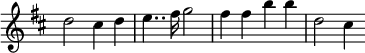 { \relative d'' { \override Score.TimeSignature #'stencil = ##f \key d \major
  d2 cis4 d | e4.. fis16 g2 | fis4 fis b b | d,2 cis4 } }