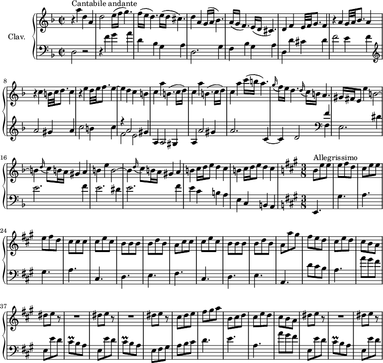 
\version "2.18.2"
\header {
 tagline = ##f
}

%% les petites notes
trillCisq = { \tag #'print { cis8\prall } \tag #'midi { d32 cis d cis } }

upper = \relative c'' {
 \clef treble 
 \key d \minor
 \time 2/2
 \tempo 2 = 62
 \set Staff.midiInstrument = #"harpsichord"
 \override TupletBracket.bracket-visibility = ##f


 s8*0^\markup{Cantabile andante} r4 a'4 d, a | d2 e16( f g4.) | f16( e d4.) e16( d cis4.) | d4 a g16( a bes4.) | a16( g f4.) e16( d cis4.) |
 % ms. 6
 d4 f e32 f g8. f4 | r4 a4 g32 a bes8. a4 | r4 c4 b32 c d8. c4 | r4 e4 d32 e f8. e4~ | e d c b |
 % ms. 11
 \repeat unfold 2 { c4 a' b,4.( c16 d) } c4 a' c16( b a4.) | \appoggiatura g16 f16 e d4. \appoggiatura d16 c16 b a4. | gis16 fis e8 e'4 b2~ |
 % ms. 16
 b4 \appoggiatura d16 c8 b16 a gis4 a | b e b2~ | b4 \appoggiatura d16 c8 b16 a gis4 a | \repeat unfold 2 { b c16 d e8 d4 c } |
 % ms. 21
 \tempo 4. = 98 \time 3/8 \key a \major b8^\markup{Allegrissimo} e e | \tempo 4. = 105 e fis d | cis e e | e fis d | cis cis cis | cis e cis | b b b | b d b |
 % ms. 29
 a8 cis cis | cis e cis | b b b | b d b | a a' gis | fis e d | cis e d | cis b a | \repeat unfold 2 { dis8 e r8 | 
 % ms. 38
 R4. } | dis8 e r8 | cis8 d e | fis gis a | b, cis d | cis e d | cis b a | 
 % ms. 47
 dis8 e r8 R4. dis8 e r8

}

lower = \relative c {
 \clef bass
 \key d \minor
 \time 2/2
 \set Staff.midiInstrument = #"harpsichord"

 % **************************************
 d2 r2 | r4 f'4 g a | d, bes g a | d,2. g4 | f bes g a |
 % ms. 6
 d,4 d' cis d | f2 e4 f | \clef treble a2 gis4 a | c2 b4 c | << { r4 a2 gis4 | } \\ { f2 e } >>
 % ms. 11
 a,4 a2 gis4 | a a'2 gis4 | a2. c,4~ | c d2 \clef bass << { f4 } \\ { f,4 | e2. dis'4 } >>
 % ms. 16
 e2. f4 | e2. dis4 | e2. f4 | e c b a | e c b \tempo 2 = 45 a4 |
 % ms. 21
 \time 3/8 \key a \major e4. | gis' a gis a cis, d e 
 % ms. 29
 fis4. cis d e a, | d'8 cis b | a4. | a'8 gis fis | e,8 e' d | 
 % ms. 38
 \trillCisq b8 a | e e' d | \trillCisq b8 a | e fis gis a b cis | d4. e a, | a'8 gis fis |
 % ms. 47
 e,8 e' d | \trillCisq b a | e e' d | 

}

thePianoStaff = \new PianoStaff <<
 \set PianoStaff.instrumentName = #"Clav."
 \new Staff = "upper" \upper
 \new Staff = "lower" \lower
 >>

\score {
 \keepWithTag #'print \thePianoStaff
 \layout {
 #(layout-set-staff-size 17)
 \context {
 \Score
 \override SpacingSpanner.common-shortest-duration = #(ly:make-moment 1/2)
 \remove "Metronome_mark_engraver"
 }
 }
}

\score {
 \keepWithTag #'midi \thePianoStaff
 \midi { }
}
