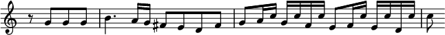  \relative g' { \key c \major \time 4/4 \partial 2 \override Score.TimeSignature #'stencil = ##f
  r8 g g g | b4. a16 g fis8 e d fis | g a16 c g c f, c' e,8 f16 c' e, c' d, c' | c8 }