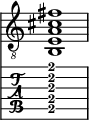  
<<
  %\override Score.BarLine.break-visibility = ##(#f #t #t)
  \time 1/1
    \new Staff  {
    \clef "treble_8"
        \once \override Staff.TimeSignature #'stencil = ##f
        < b, e a cis' fis'>1
    }

     \new TabStaff {
       \override Stem #'transparent = ##t
       \override Beam #'transparent = ##t 
      < b,\5 e\4 a\3 cis'\2 fis'\1>1
  }
>>
