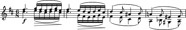 \relative c'' {
\time 6/8
\key b \minor
<< { \voiceOne
 fis4. g16( fis e fis g e) | fis4. e16( d cis d e cis) | d4( cis8 ais4 b8) | a!4( g8 eis4 fis8) |
} \\ {
 d'4.\f e16(\> d cis d e cis)\! | d4. g,16(\> fis e fis g e)\! | fis4( e8 cis4 d8) | a4( bes8 gis4 a8) |
} >>
}