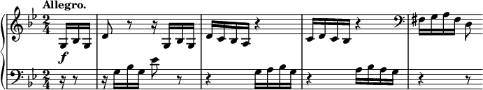 \relative c' { \new PianoStaff <<  \new Staff {   \key g \minor \time 2/4 \set Score.tempoHideNote = ##t \tempo "Allegro." 4=116 \partial 8.   g16\f bes g d'8 r r16 g,16 bes g d' c bes a r4   c16 d c bes r4 \clef bass fis16 g a fis d8  }  \new Staff { \key g \minor \time 2/4 \clef bass   r16 r8 r16 g bes g es'8 r8 r4 g,16 a bes g r4 a16 bes a g r4 r8  } >>}