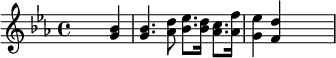 {\ toets es \ majeur \ skip2.  <g 'bes'> 4 <g 'bes'> 4.  <as 'd' '> 8 <bes' es ''> 8.  <bes 'd' '> 16 <as' c ''> 8.  <as' f ''> 16 <g 'es''> 4 <f 'd' '> 4 \ skip2}