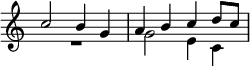 \relative c'' { \key c \major \time 2/2 \override Score.TimeSignature #'stencil = ##f << { c2 b4 g | a b c d8 c } \\ { R1 g2 e4 c } >> }