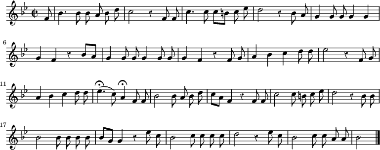 
\relative c' {
  \override Rest #'style = #'classical
  \key bes \major
  \time 2/2
  \partial 8
  \autoBeamOff
  f8
  bes4. bes8 bes a bes d
  c2 r4 f,8 f
  c'4. c8 c[ b] c ees
  d2 r4 bes8 a
  g4 g8 g g4 g
  g f r bes8[ a]

  g4 g8 g g4 g8 g
  g4 f r f8 g
  a4 bes c d8 d
  ees2 r4 f,8 g
  a4 bes c d8 d
  ees4.(\fermata c8) a4\fermata f8 f
  bes2 bes8 a bes d
  c[ a] f4 r f8 f

  c'2 c8 b c ees
  d2 r4 bes8 bes
  bes2 bes8 bes bes bes
  bes[ g] g4 r ees'8 c
  bes2 c8 c c c
  d2 r4 ees8 c
  bes2 c8 c a a
  bes2
  \bar "|."
}
