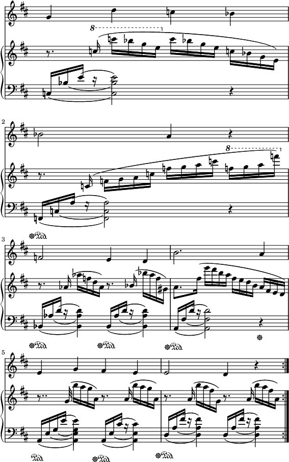 
sVarC = { << { \voiceOne c,16\sustainOff\sustainOn[bes' e] d\rest s4 }\new Voice { \voiceTwo \once \hide Stem c,4(c2) } \new Voice { \voiceTwo s16 \once \hide Stem bes'8(s16 bes2) } \new Voice { \voiceTwo s8 \slurUp \once \hide Stem e(e2) } >> \oneVoice r4 | 
<< { \voiceOne f,,16\sustainOff\sustainOn[c' a'] g\rest s4 } \new Voice { \voiceTwo \once \hide Stem f,4(f2) } \new Voice { \voiceTwo s16 \once \hide Stem c'8(s16 c2) } \new Voice { \voiceTwo s8 \slurUp \once \hide Stem a'(a2) } >> \oneVoice r4 | 
<< { \voiceOne bes,16\sustainOff\sustainOn[aes' d] c\rest s4 } \new Voice { \voiceTwo \once \hide Stem bes,4(bes) } \new Voice { \voiceTwo s16 \once \hide Stem aes'8(s16 aes4) } \new Voice { \voiceTwo s8 \slurUp \once \hide Stem d(d4) } >> 
<< { \voiceOne bes,16\sustainOff\sustainOn[aes' d] c\rest s4 } \new Voice { \voiceTwo \once \hide Stem bes,4(bes) } \new Voice { \voiceTwo s16 \once \hide Stem aes'8(s16 aes4) } \new Voice { \voiceTwo s8 \slurUp \once \hide Stem d(d4) } >> | 
<< { \voiceOne a,16\sustainOff\sustainOn[fis' d'] c\rest s4 } \new Voice { \voiceTwo \once \hide Stem a,4(a2) } \new Voice { \voiceTwo s16 \once \hide Stem fis'8(s16 fis2) } \new Voice { \voiceTwo s8 \slurUp \once \hide Stem d'(d2) } >> \oneVoice r4\sustainOff |
<< { \voiceOne a,16\sustainOn[e' g e'] s4 } \new Voice { \voiceTwo \once \hide Stem a,,4(a) } \new Voice { \voiceTwo s16 \once \hide Stem e'8(s16 e4) } \new Voice { \voiceTwo s8 \once \hide Stem g(g4) } \new Voice { \voiceTwo s8. \slurUp \once \hide Stem e'16(e4) } >> 
<< { \voiceOne a,,16\sustainOff\sustainOn[e' cis'] b\rest s4 } \new Voice { \voiceTwo \once \hide Stem a,4(a) } \new Voice { \voiceTwo s16 \once \hide Stem e'8(s16 e4) } \new Voice { \voiceTwo s8 \slurUp \once \hide Stem cis'(cis4) } >> |
<< { \voiceOne d,16\sustainOff\sustainOn[a' fis'] e\rest s4 } \new Voice { \voiceTwo \once \hide Stem d,4(d) } \new Voice { \voiceTwo s16 \once \hide Stem a'8(s16 a4) } \new Voice { \voiceTwo s8 \slurUp \once \hide Stem fis'(fis4) } >> 
<< { \voiceOne d,16[a' fis'] e\rest s4 } \new Voice { \voiceTwo \once \hide Stem d,4(d) } \new Voice { \voiceTwo s16 \once \hide Stem a'8(s16 a4) } \new Voice { \voiceTwo s8 \slurUp \once \hide Stem fis'(fis4) } >> | }

sVarB = { r8. \ottava #1 \set Staff.ottavation = #"8" \stemUp c,16( \stemDown c'[bes g e] \ottava #0 c[bes g e] c[bes g e]) | r8. \stemUp c16( \stemDown f[g a c] f[g a c] \ottava #1 f[g a f']) \ottava #0 \stemNeutral | r8. aes,,,16( aes'[f d aes]) r8. \stemUp bes16( \stemNeutral bes'[aes f gis,]) | 
a8.[ fis'16]( e'[d b a] fis[e d b] \stemUp a[fis e d]) | r8.. g32( \stemDown b'16[a g a,]) r8. \stemUp a16( \stemDown b'[a g a,]) | r8. \stemUp a16( \stemDown b'[a fis g,]) r8. \stemUp a16( \stemDown b'[a fis a,]) \stemNeutral | }

lVarA = \lyricmode { bo ko -- cham to "ple -" -- mię Raj wam "o -" -- "two -" -- rzę i o -- zło -- cę ziemię. }

lVarC = \lyricmode { czy za -- wsze "przy -" -- "świé -" -- ca I wód czy "za -" -- wsze Czy -- sta ich "kry -" -- "ni -" -- ca? }

sVarA = { g4 d' c bes | bes2 a4 r | f2 e4 d | b'2. a4 | e g fis e | e2 d4 r | }

sVarAk = {  }

lVarB = \lyricmode { bie -- rze się na "lo -" -- ty "Dzie -" -- cku na "u -" -- śmiech gwia -- zdzie na blask "zło -" -- ty. }

lVarD = \lyricmode { wam po wie -- szczem "sło -" -- wie Po łzach po "ro -" -- sie po pie -- śni "w dą -" -- "bro -" -- "wie. —" }

\paper { #(set-paper-size "a4")
 oddHeaderMarkup = "" evenHeaderMarkup = "" }
\header { tagline = ##f }
\version "2.18.2"
\score {
\midi {  }
\layout { line-width = #140
indent = 0\cm}
<<
\new Staff { \clef "violin" \key d \major \time 4/4 \override Staff.TimeSignature #'transparent = ##t \autoBeamOff \relative f' { \repeat volta 4 { \sVarA } \sVarAk } }
\new PianoStaff <<
  \new Staff { \clef "violin" \key d \major \time 4/4 \override Staff.TimeSignature #'transparent = ##t \relative a''' { \sVarB } }
  \new Staff { \clef "bass" \key d \major \time 4/4 \override Staff.TimeSignature #'transparent = ##t \relative d' { \sVarC } }
  >>
>> }