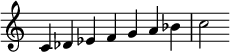  {\n\\override Score.TimeSignature #'stencil = ##f\n\\relative c' { \n  \\clef treble \\time 7/4\n  c4 des es f g a bes c2\n} }\n