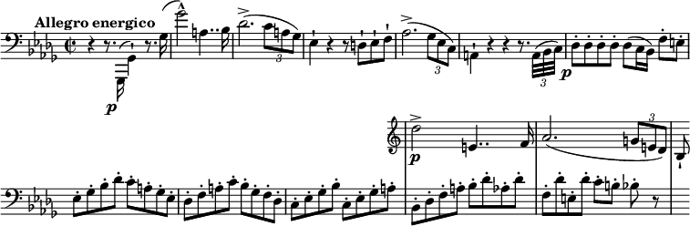 \new PianoStaff \new Staff = main \relative bes, {\omit Score.BarNumber \clef bass \key bes \minor \time 2/2
{r4^\markup {\right-align \bold {Allegro energico}} r8. \stemDown ges,16(_\markup {\right-align \dynamic p} ges'4)-! r8. ges'16( ges'2)-^ a,4.. bes16 des2.(-> \tuplet 3/2 {c8 a ges)} es4-! r4 r8 d-! es-! f-! aes2.(-> \tuplet 3/2 {ges8 es c)} a4-! r r r8. \tuplet 3/2 {a32( bes c)} des8-._\markup {\right-align \dynamic p} des-. des-. des-. des([ c16 bes]) f'8-. e-. es-. ges-. bes-. des-. c-. a-. ges-. es-. des-. f-. a-. c-. bes-. ges-. f-. des-. c-. es-. ges-. bes-. c,-. es-. ges-. a-.  

  <<
{bes,8-. des-. f-. a-. bes-. des-. aes-. des-. f,-. des'-. e,-. des'-. c-.[ b-.] bes-. r}

 \new Staff \with {alignAboveContext = #"main"}
{ \omit Staff.TimeSignature \omit Staff.KeySignature \key bes \minor
 \relative bes'{ des2->\p e,4.. f16 aes2.( \tuplet 3/2 {g8 e des)} bes-! }
}
  >>
}}
