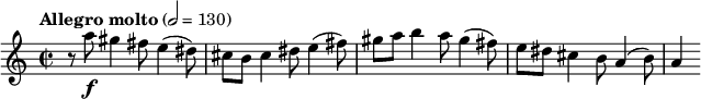 
{ \tempo "Allegro molto" 2=130 \time 2/2 \relative c''' 
{r8 a\f gis4 fis8 e4(dis8)
cis b cis4 dis8 e4(fis8)
gis a b4 a8 gis4(fis8)
e dis cis4 b8 a4(b8)
a4}
}
